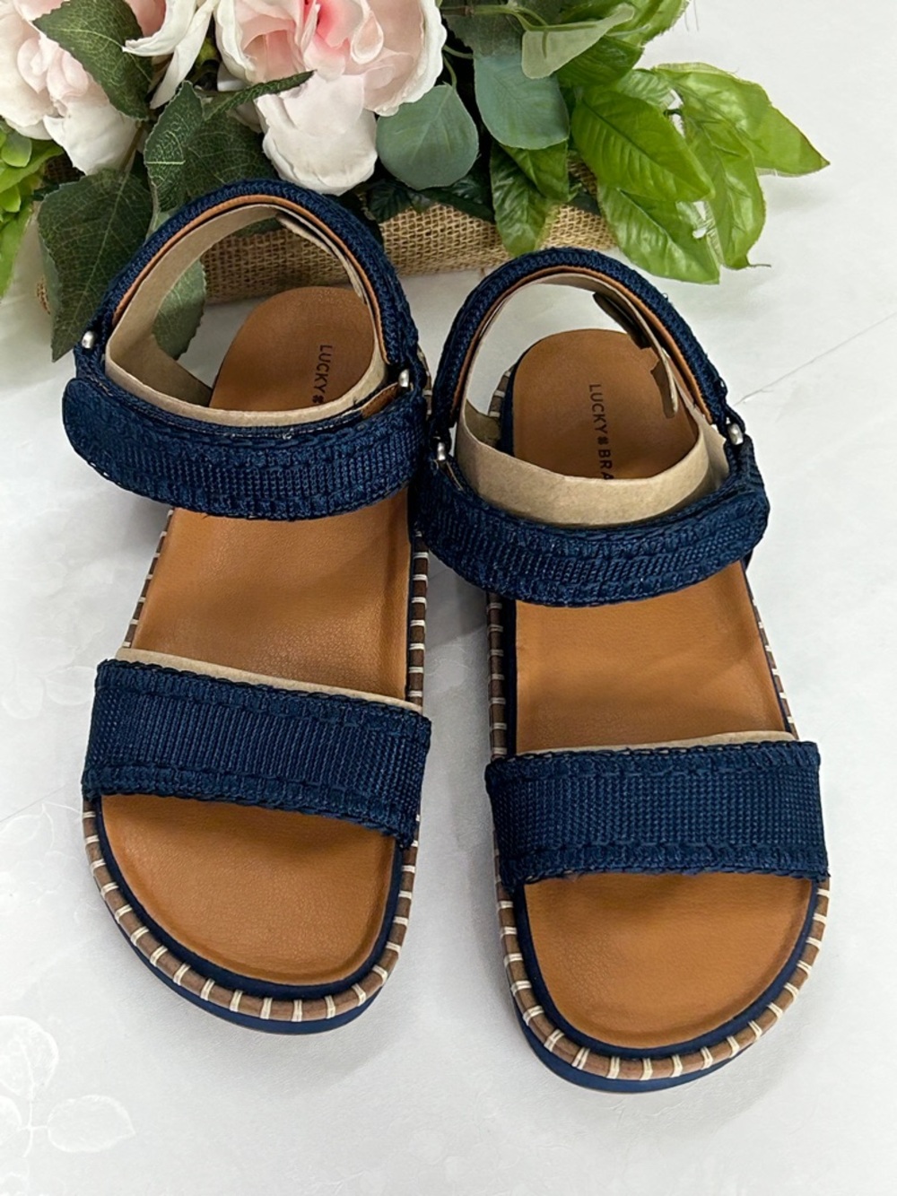 Lucky Brand Navy Textile Strap Sandals with Tan Footbed - Picture 1 of 5